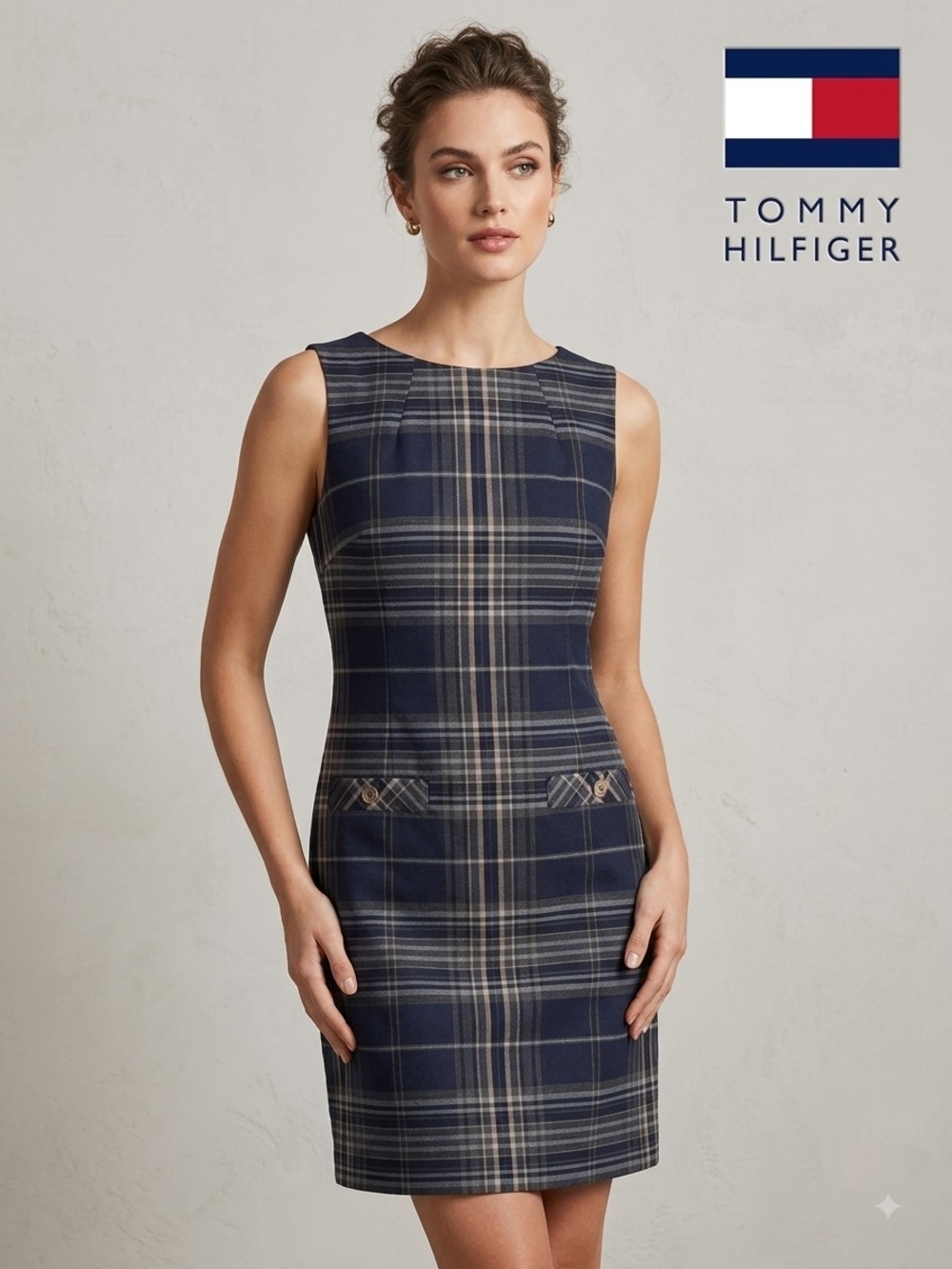 Tommy Hilfiger Navy & Cream Plaid Sleeveless Sheath Dress
